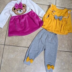 SHEIN Kids 3-Piece Set White Hot Pink Yellow Gray Bear Dress Top Pants